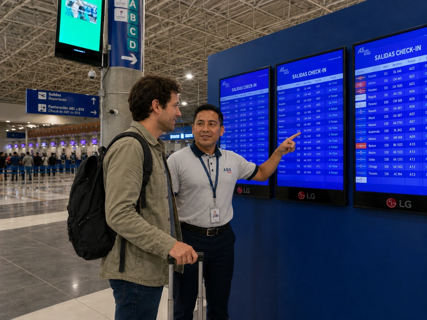 Un trabajador de ASG PAX orienta a un pasajero frente a pantallas de información de vuelos en un terminal aéreo.
