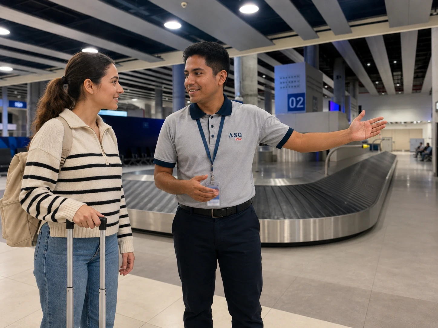 Un trabajador de ASG PAX orienta a una pasajera junto a una cinta de entrega de equipajes en un aeropuerto.