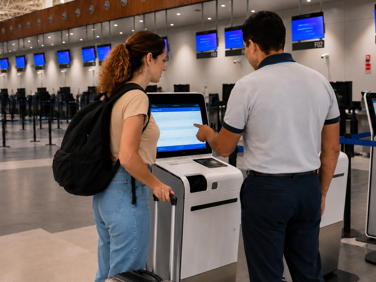 Un trabajador de ASG PAX orienta a una pasajera frente a un módulo de autoservicio en un aeropuerto.