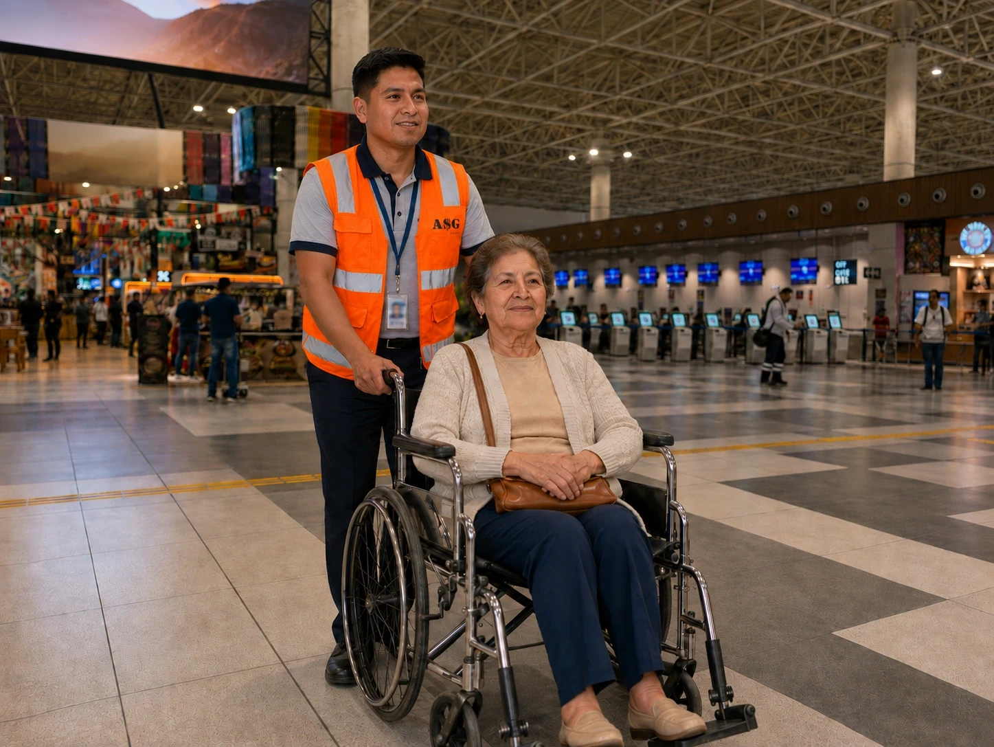 Un trabajador de ASG PAX traslada en silla de ruedas a una pasajera adulta mayor por un terminal aéreo.