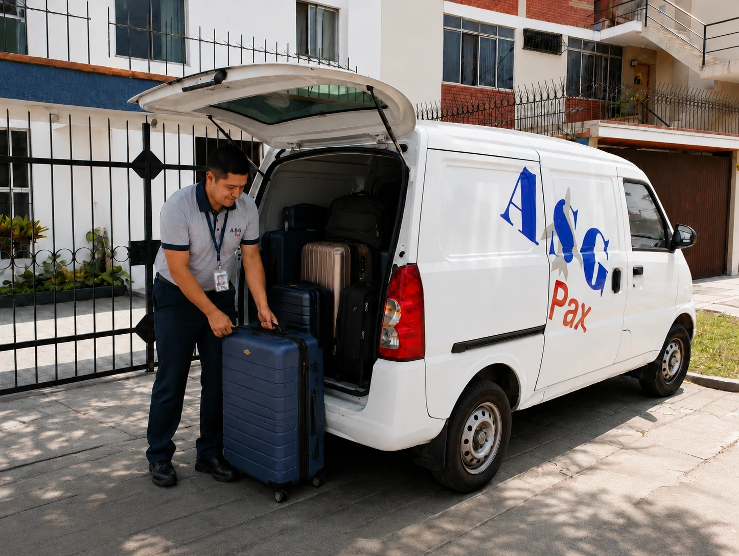 Un trabajador de ASG PAX descarga una maleta grande desde la van de la empresa, frente a la entrada de un domicilio.